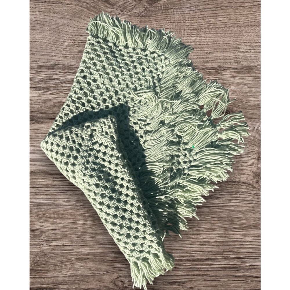 Hand crafted Crocheted Lap Afghan | Sage Green | Fringe | EUC